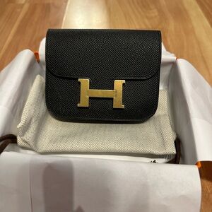 Constance Slim Wallet in Black with Gold Hardware